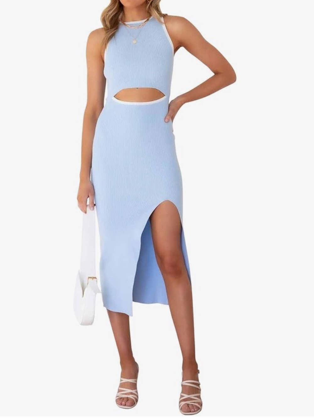 Sleeveless Light Blue Cutout Midi Dress
